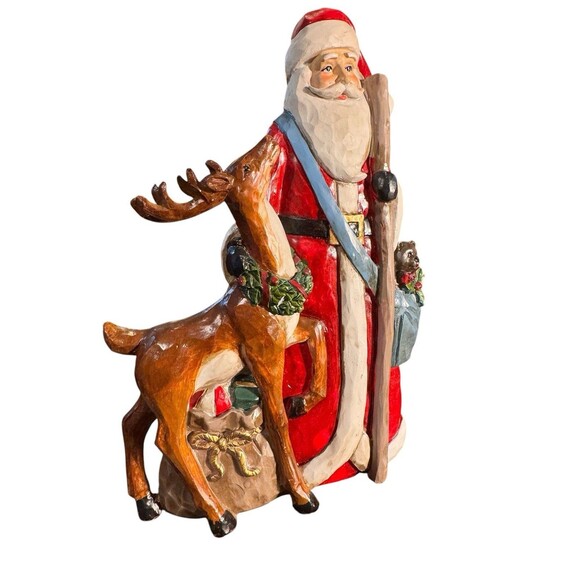 GISELA GRAHAM RESIN SANTA WITH DEER & PRESENT SACK FIGURINE 11.5” - Picture 7 of 11